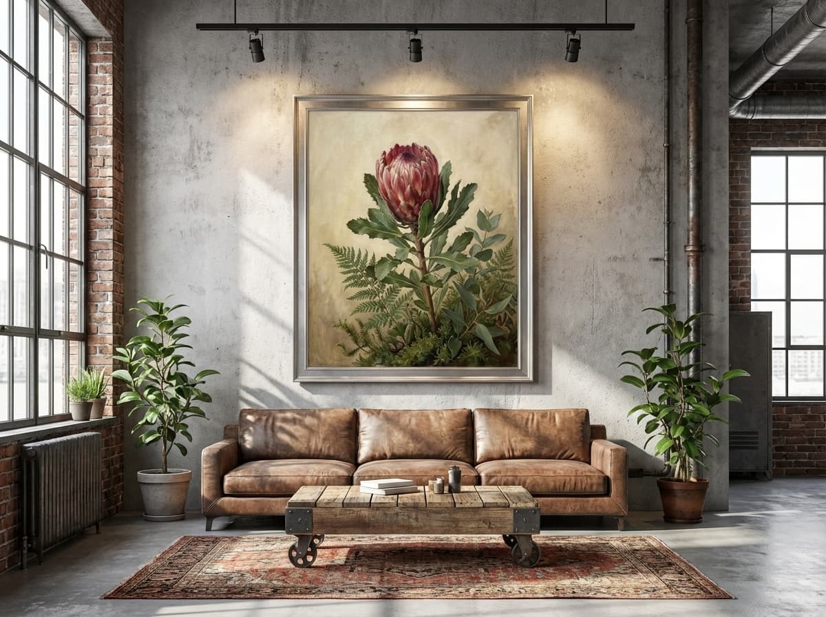 Botanical Study artwork in Industrial Living Room