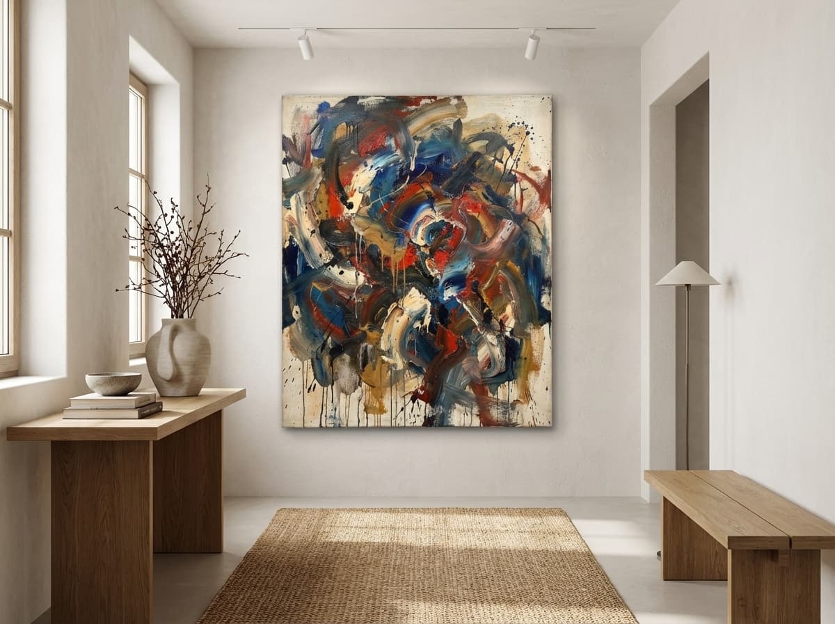 Abstract Expressionism artwork in Japandi Entryway