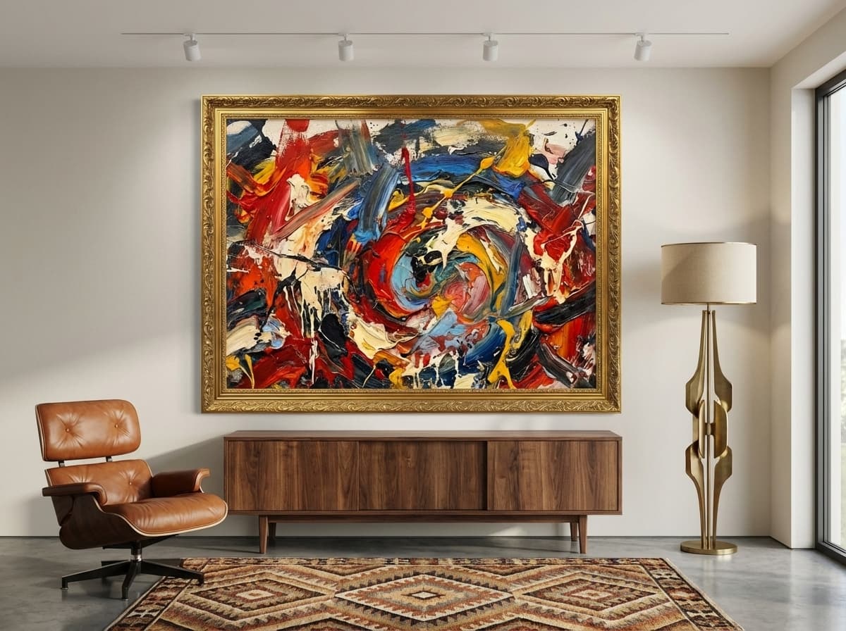 Abstract Expressionism artwork in Mid-Century Modern Living Room